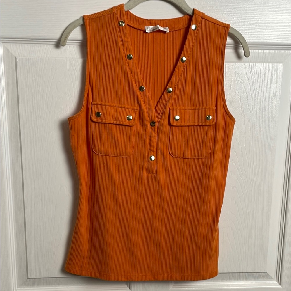 Madison Orange Tank Top medium silver Buttons sleeveless v neck and pockets